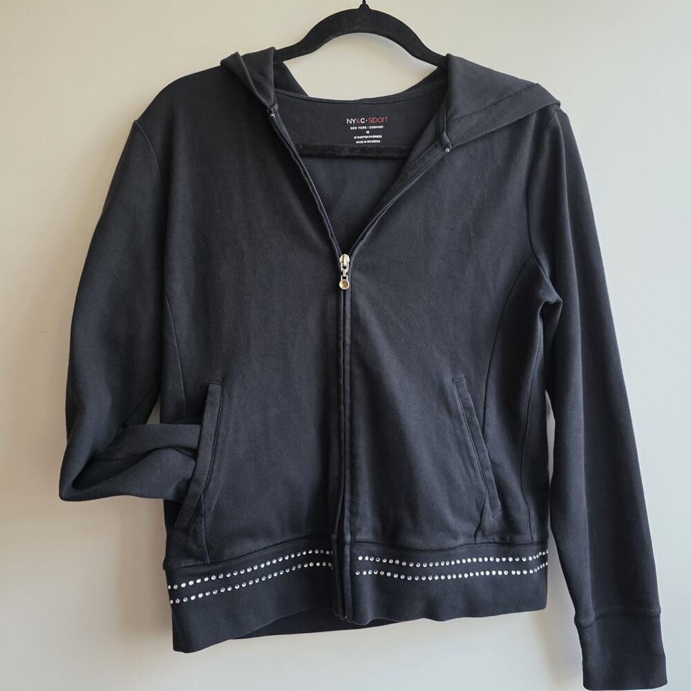 Y2K NY & C Sport M Zip Up Hoodie Black Rhinestones Bling Cotton 90s‎